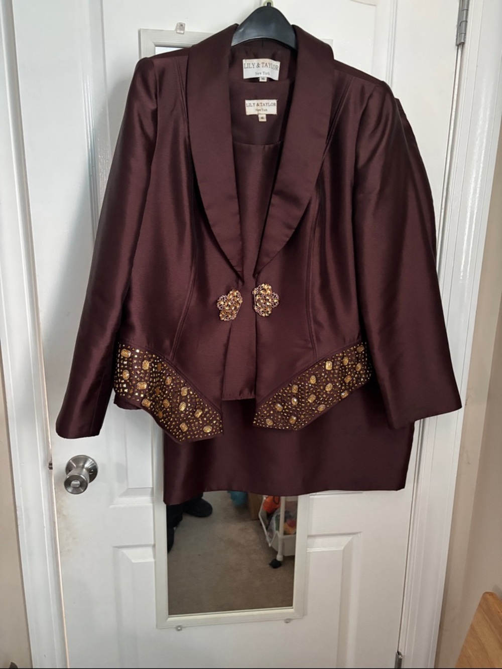 Lily & Taylor Chocolate Brown Embellished Satin Blazer